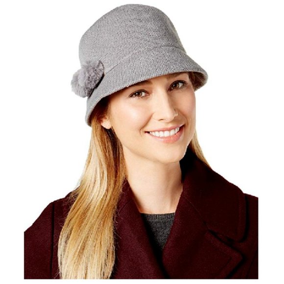 August Hats Faux Fur Pom-Pom Cloche in Grey - Picture 1 of 3